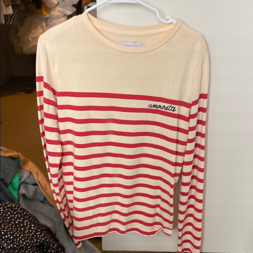 Amour Vert Cream and Red Striped Long Sleeve Top